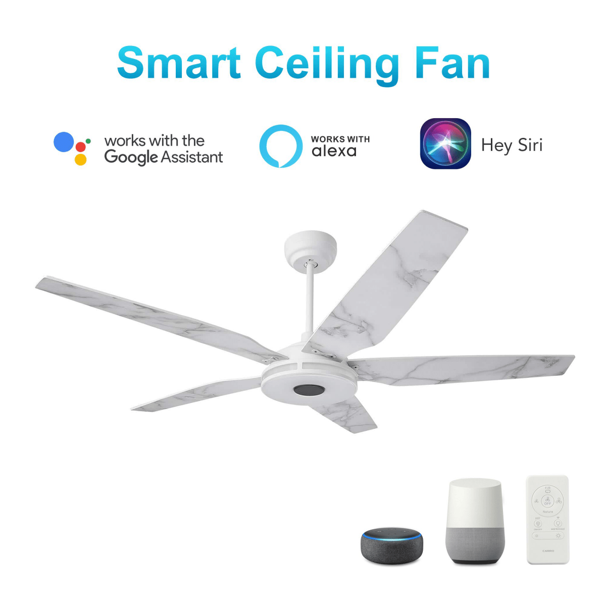 Explorer White/White marble 5 Blade Smart Ceiling Fan with Dimmable LED Light Kit Works with Remote Control, Wi - Fi apps and Voice control via Google Assistant/Alexa/Siri - BUILDMYPLACE