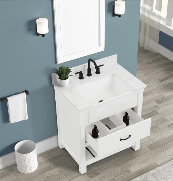 Farmington Freestanding Solid Wood Bathroom Vanity with Carrara Engineered Stone Top with 4 in. Backsplash & Apron Farmhouse Sink - BUILDMYPLACE