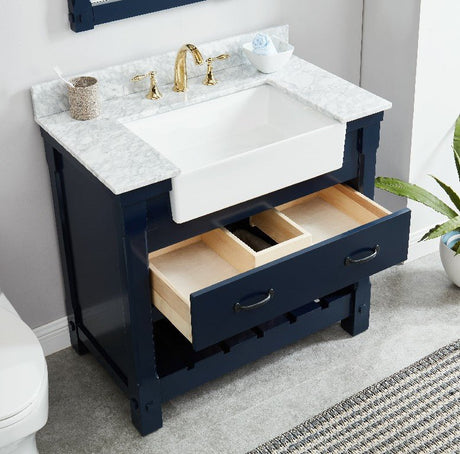 Farmington Freestanding Solid Wood Bathroom Vanity with Carrara Engineered Stone Top with 4 in. Backsplash & Apron Farmhouse Sink - BUILDMYPLACE