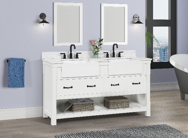 Farmington Freestanding Solid Wood Bathroom Vanity with Carrara Engineered Stone Top with 4 in. Backsplash & Apron Farmhouse Sink - BUILDMYPLACE