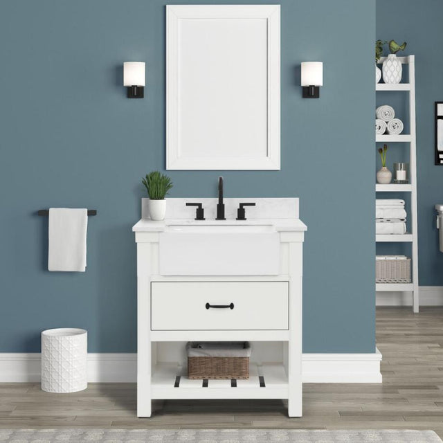 Farmington Freestanding Solid Wood Bathroom Vanity with Carrara Engineered Stone Top with 4 in. Backsplash & Apron Farmhouse Sink - BUILDMYPLACE