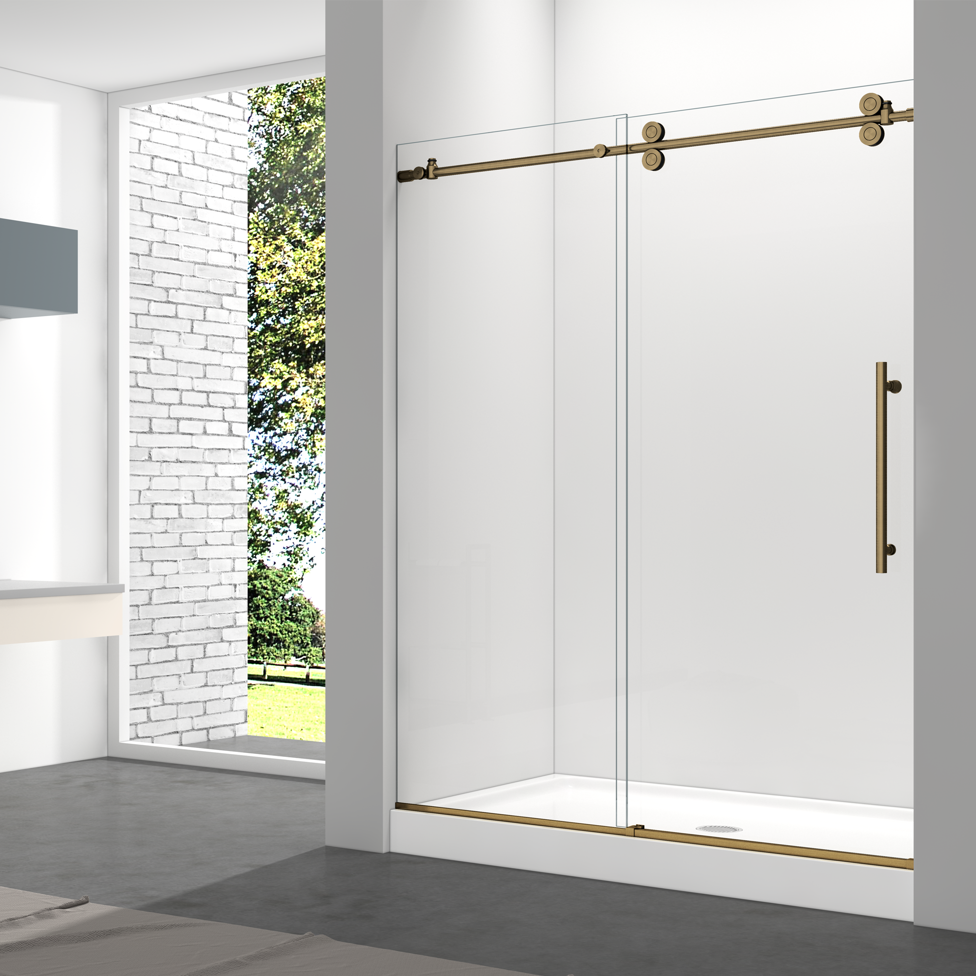 Ivanees Single Sliding Frameless Shower Door 8mm Clear Tempered Glass - Barn Door Style - Brushed Gold - 60 x 76 Inch