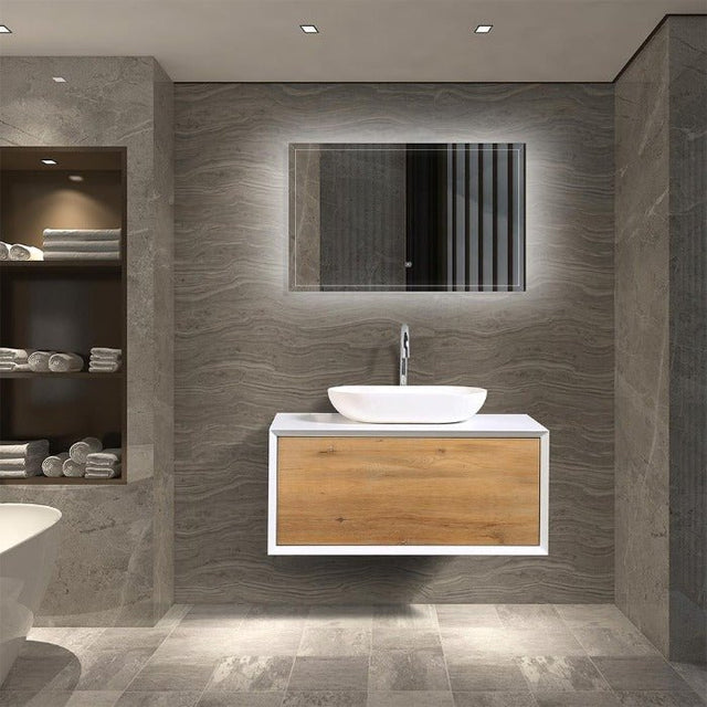 Fiona Wood Floating / Wall Mounted Bathroom Vanity With Acrylic Vessel Sink - BUILDMYPLACE