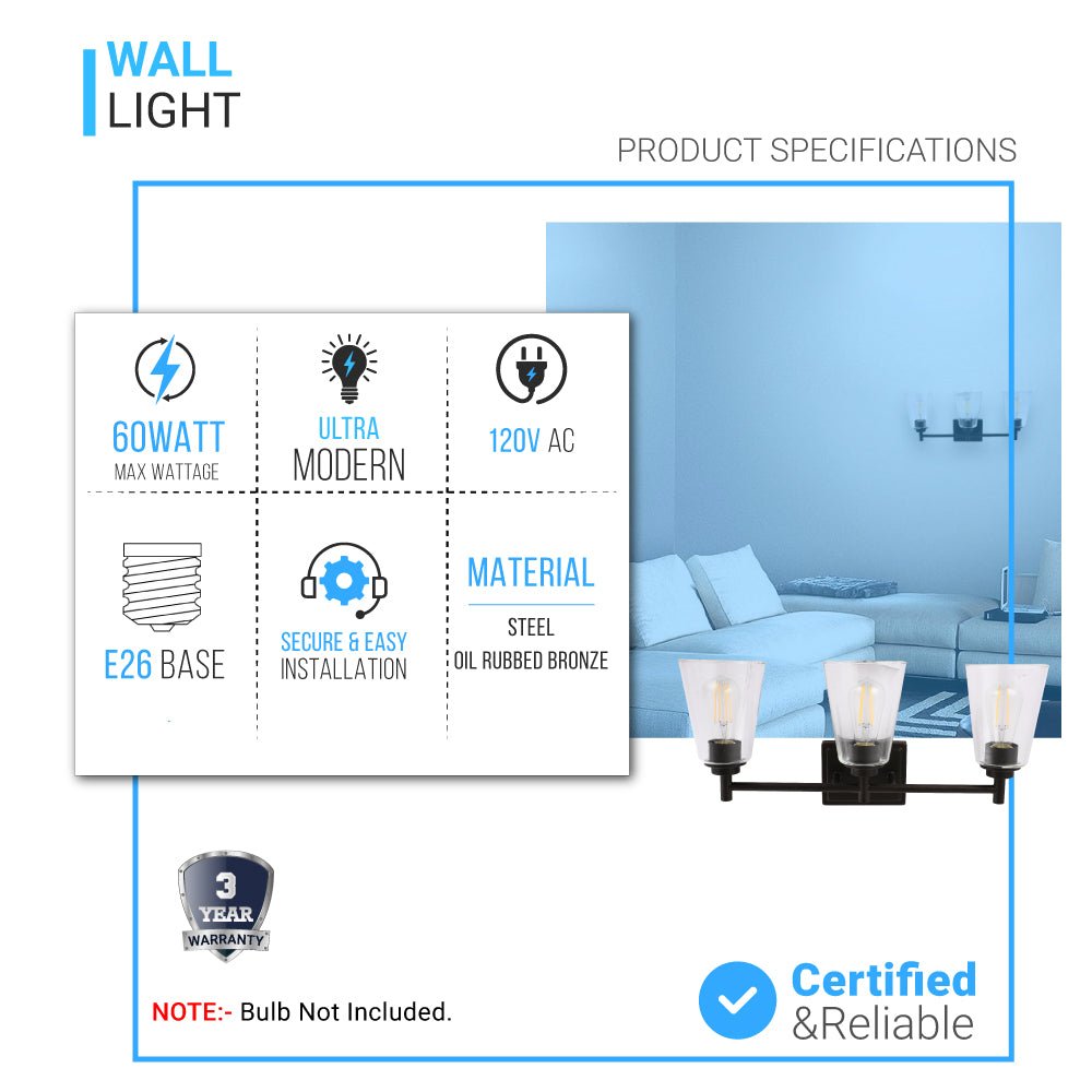 Flared Shape Bathroom Light Fixtures with Clear Glass Shade, E26 Base, UL Listed for Damp Location, Wall Mount, Bathroom Vanity Lighting - BUILDMYPLACE