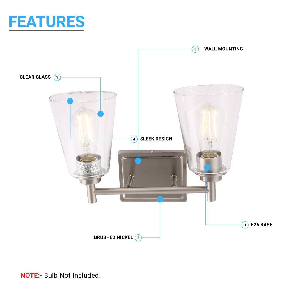 Flared Shape Bathroom Light Fixtures with Clear Glass Shade, E26 Base, UL Listed for Damp Location, Wall Mount, Bathroom Vanity Lighting - BUILDMYPLACE