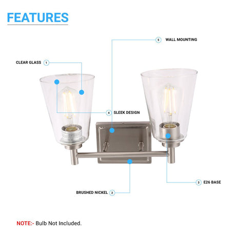 Flared Shape Bathroom Light Fixtures with Clear Glass Shade, E26 Base, UL Listed for Damp Location, Wall Mount, Bathroom Vanity Lighting - BUILDMYPLACE