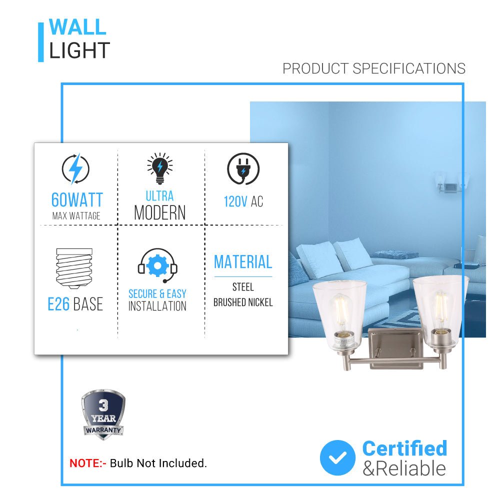 Flared Shape Bathroom Light Fixtures with Clear Glass Shade, E26 Base, UL Listed for Damp Location, Wall Mount, Bathroom Vanity Lighting - BUILDMYPLACE