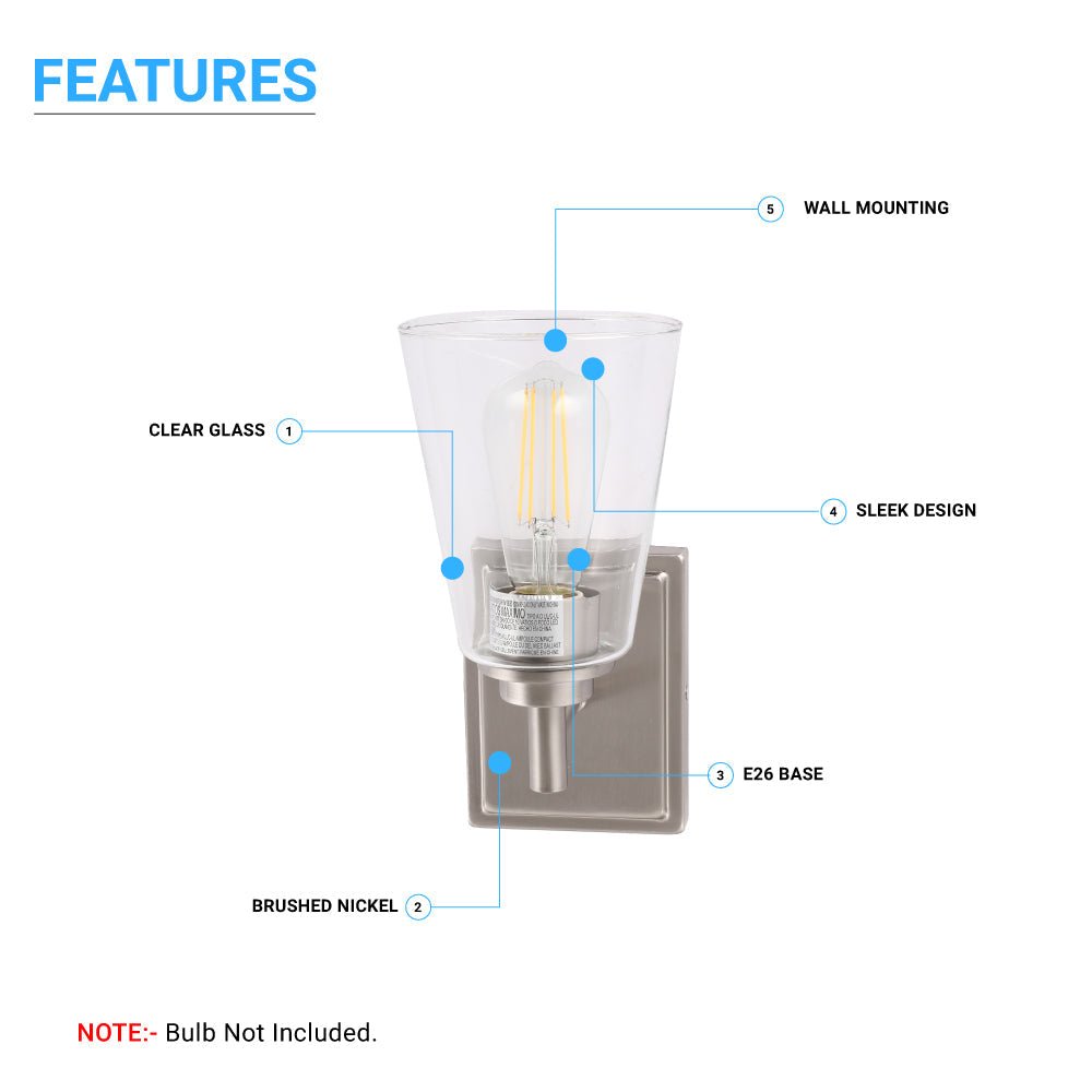 Flared Shape Bathroom Light Fixtures with Clear Glass Shade, E26 Base, UL Listed for Damp Location, Wall Mount, Bathroom Vanity Lighting - BUILDMYPLACE