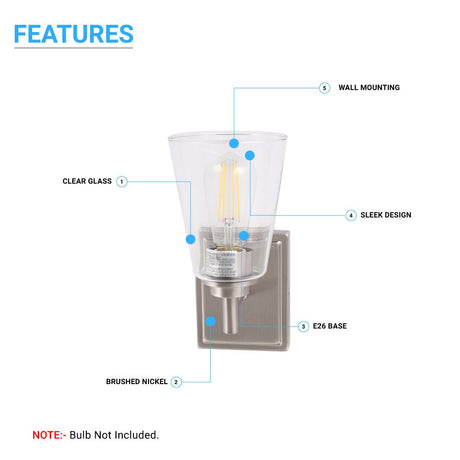 Flared Shape Bathroom Light Fixtures with Clear Glass Shade, E26 Base, UL Listed for Damp Location, Wall Mount, Bathroom Vanity Lighting - BUILDMYPLACE