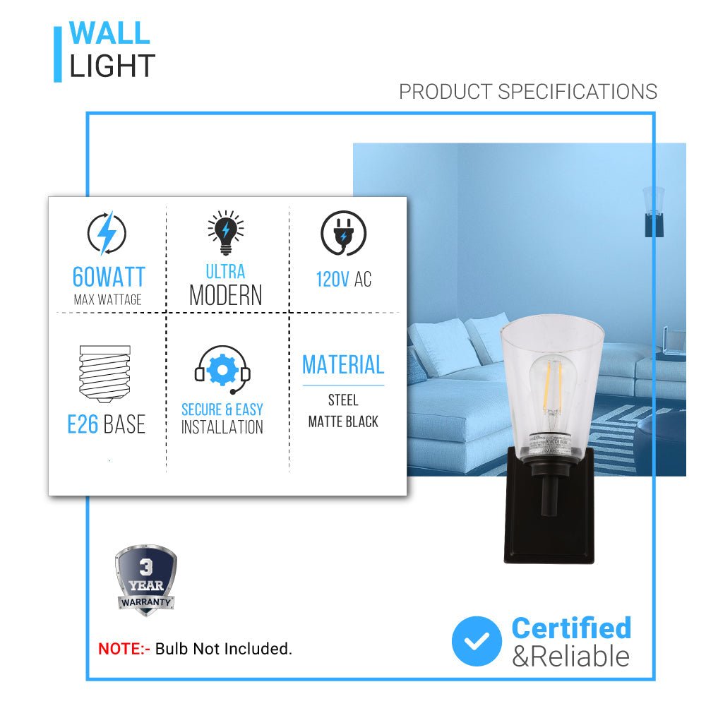 Flared Shape Bathroom Light Fixtures with Clear Glass Shade, E26 Base, UL Listed for Damp Location, Wall Mount, Bathroom Vanity Lighting - BUILDMYPLACE