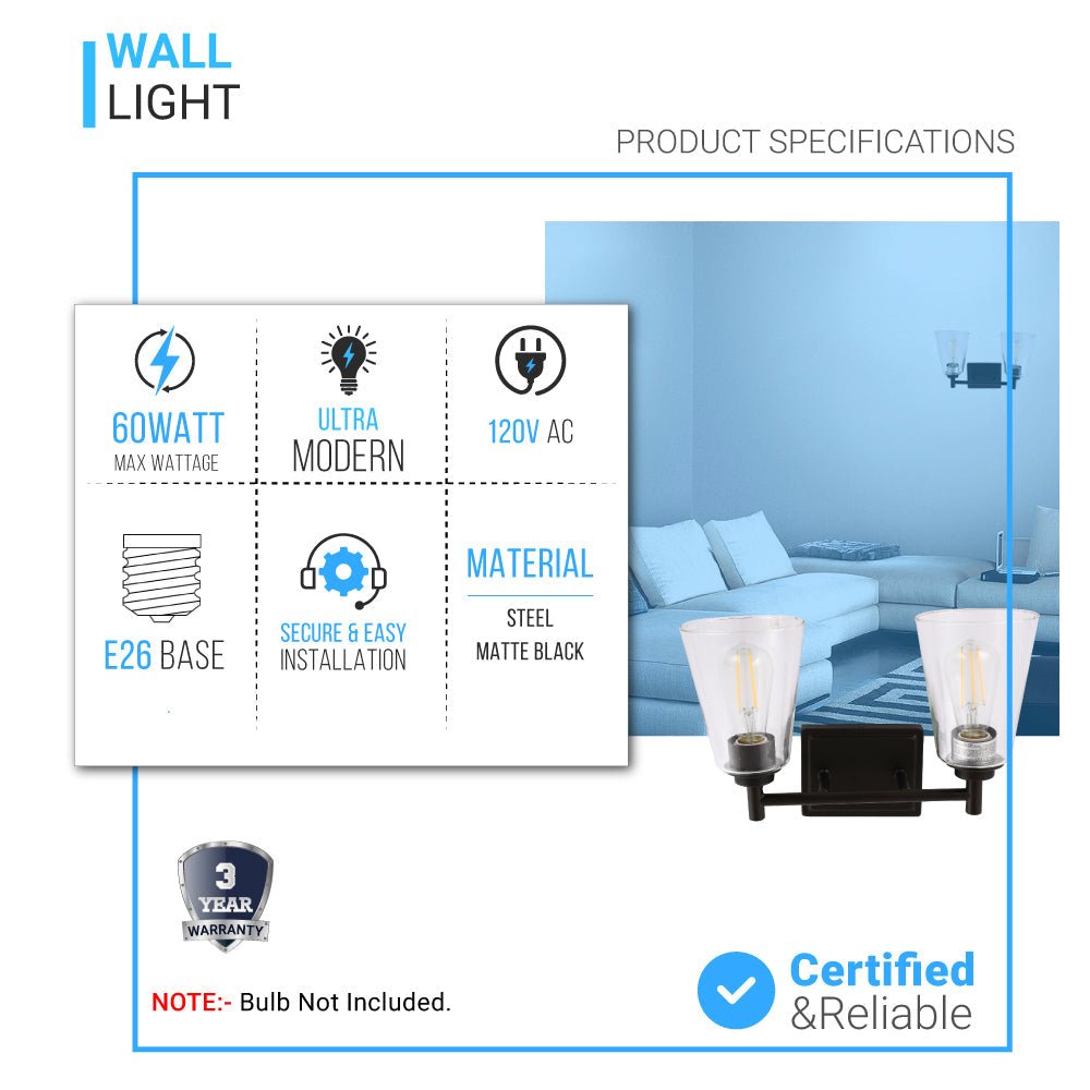 Flared Shape Bathroom Light Fixtures with Clear Glass Shade, E26 Base, UL Listed for Damp Location, Wall Mount, Bathroom Vanity Lighting - BUILDMYPLACE