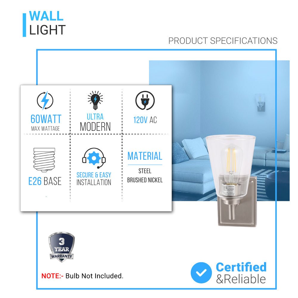 Flared Shape Bathroom Light Fixtures with Clear Glass Shade, E26 Base, UL Listed for Damp Location, Wall Mount, Bathroom Vanity Lighting - BUILDMYPLACE