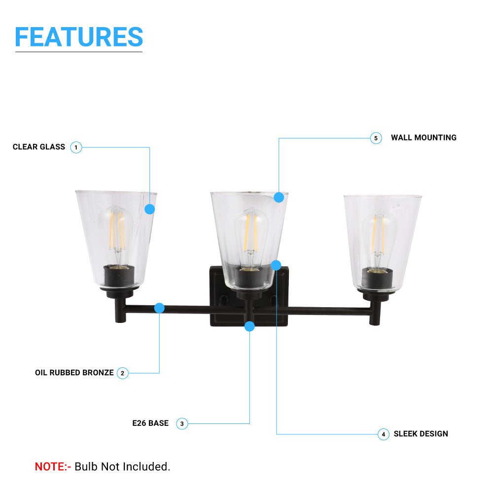 Flared Shape Bathroom Light Fixtures with Clear Glass Shade, E26 Base, UL Listed for Damp Location, Wall Mount, Bathroom Vanity Lighting - BUILDMYPLACE