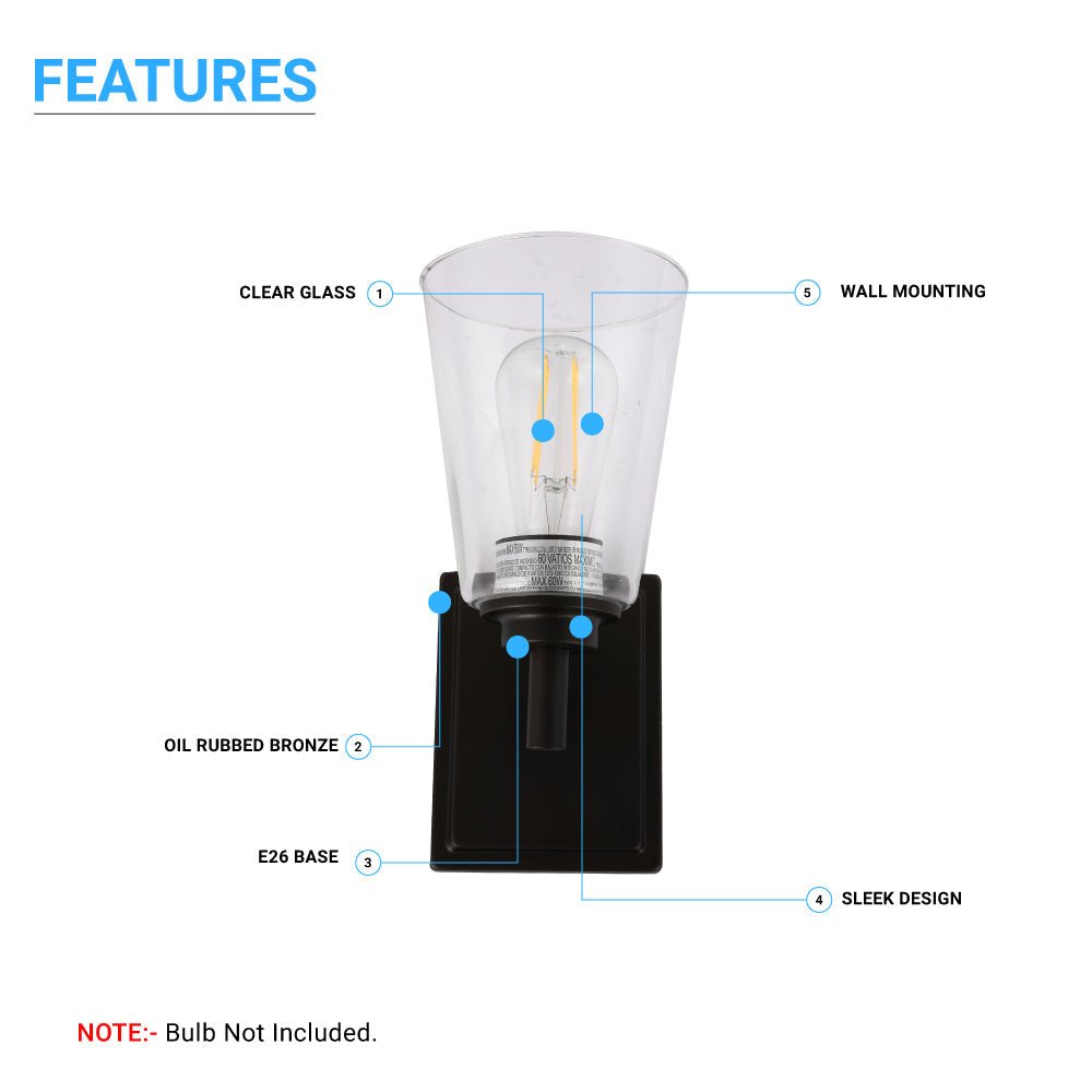 Flared Shape Bathroom Light Fixtures with Clear Glass Shade, E26 Base, UL Listed for Damp Location, Wall Mount, Bathroom Vanity Lighting - BUILDMYPLACE