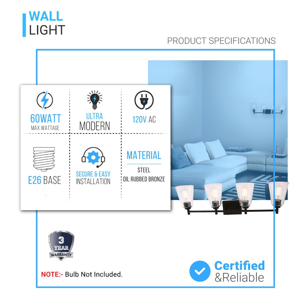 Flared Shape Bathroom Light Fixtures with Clear Glass Shade, E26 Base, UL Listed for Damp Location, Wall Mount, Bathroom Vanity Lighting - BUILDMYPLACE