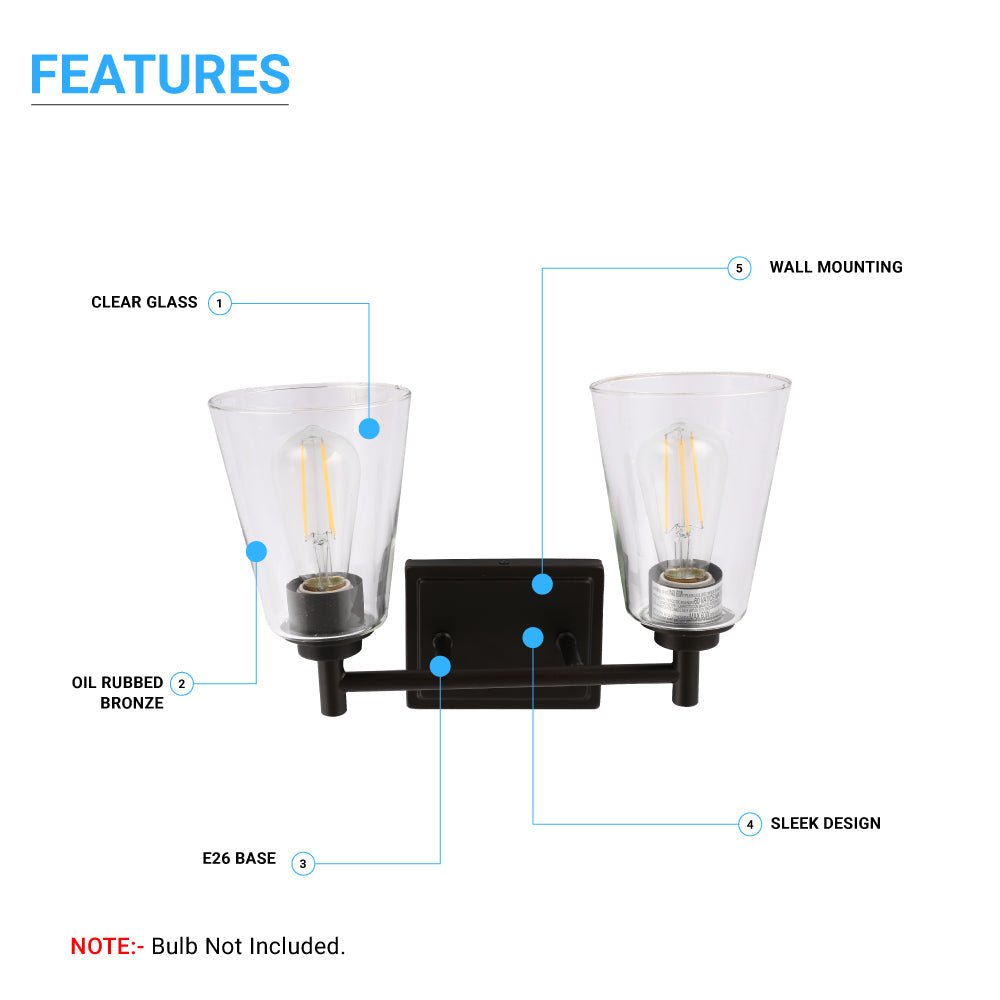 Flared Shape Bathroom Light Fixtures with Clear Glass Shade, E26 Base, UL Listed for Damp Location, Wall Mount, Bathroom Vanity Lighting - BUILDMYPLACE