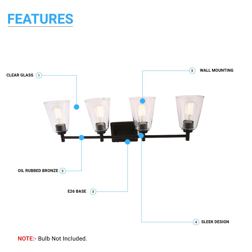 Flared Shape Bathroom Light Fixtures with Clear Glass Shade, E26 Base, UL Listed for Damp Location, Wall Mount, Bathroom Vanity Lighting - BUILDMYPLACE