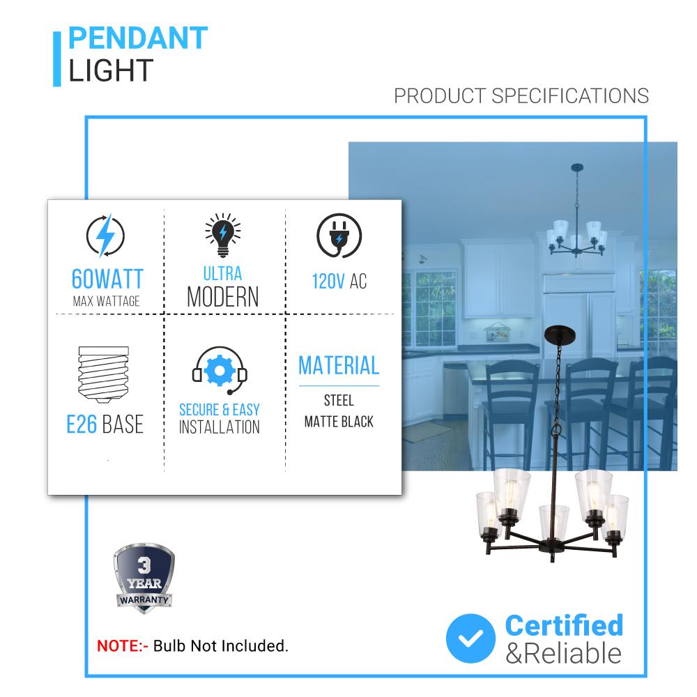 Flared Shape Chandelier Lighting Fixture with Clear Glass Shades, E26 Base, UL Listed for Damp Location, 3 Years Warranty - BUILDMYPLACE