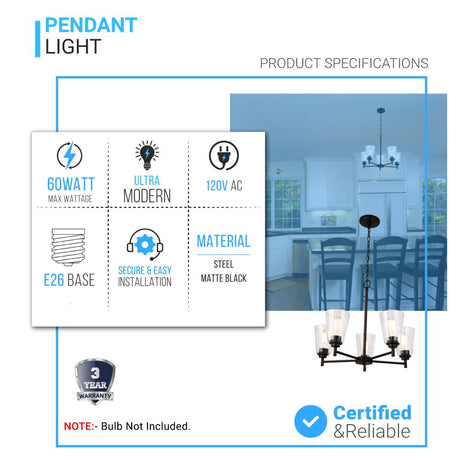 Flared Shape Chandelier Lighting Fixture with Clear Glass Shades, E26 Base, UL Listed for Damp Location, 3 Years Warranty - BUILDMYPLACE