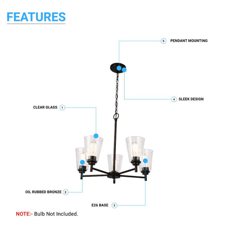 Flared Shape Chandelier Lighting Fixture with Clear Glass Shades, E26 Base, UL Listed for Damp Location, 3 Years Warranty - BUILDMYPLACE