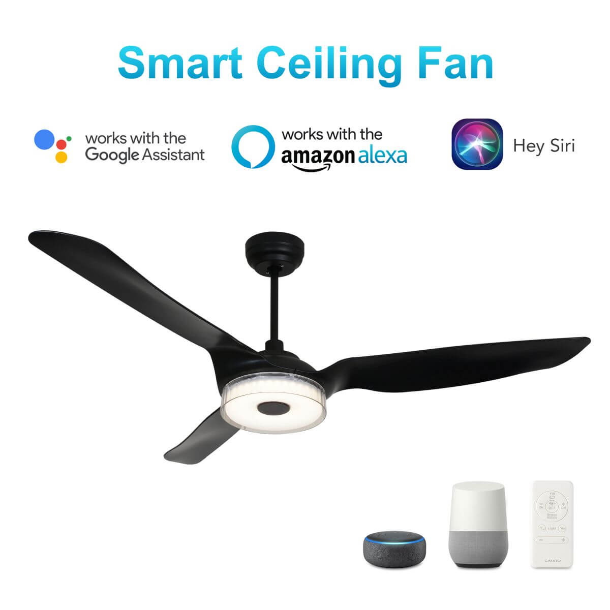 Fletcher 60" In. Black/Black 3 Blade Smart Ceiling Fan with LED Light Kit Works with Led Light Kit & Remote - BUILDMYPLACE