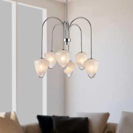 Flower Chandelier, 6 - Light E12 Base, Polished Nickel Finish hardware with Snow White Glass Shades - Modern and Contemporary Chandelier 24 in. W - BUILDMYPLACE