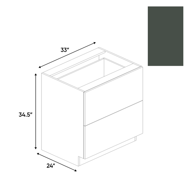 Forest Green Matte - 2 Drawer Base Cabinet - 33"W x 34.5"H x 24"D - Pre Assembled - Frameless Cabinet - BUILDMYPLACE