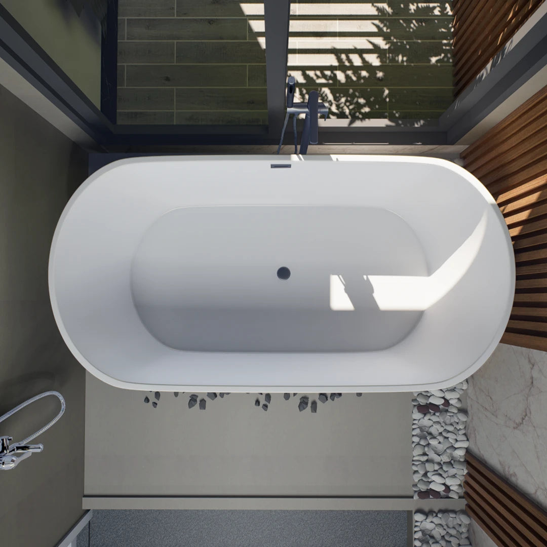 Flora 59 in. Classic Series Acrylic Freestanding Soaking Bathtub in Glossy White with Chrome-Plated Drain Cover & Pop Up-Overflow Hole