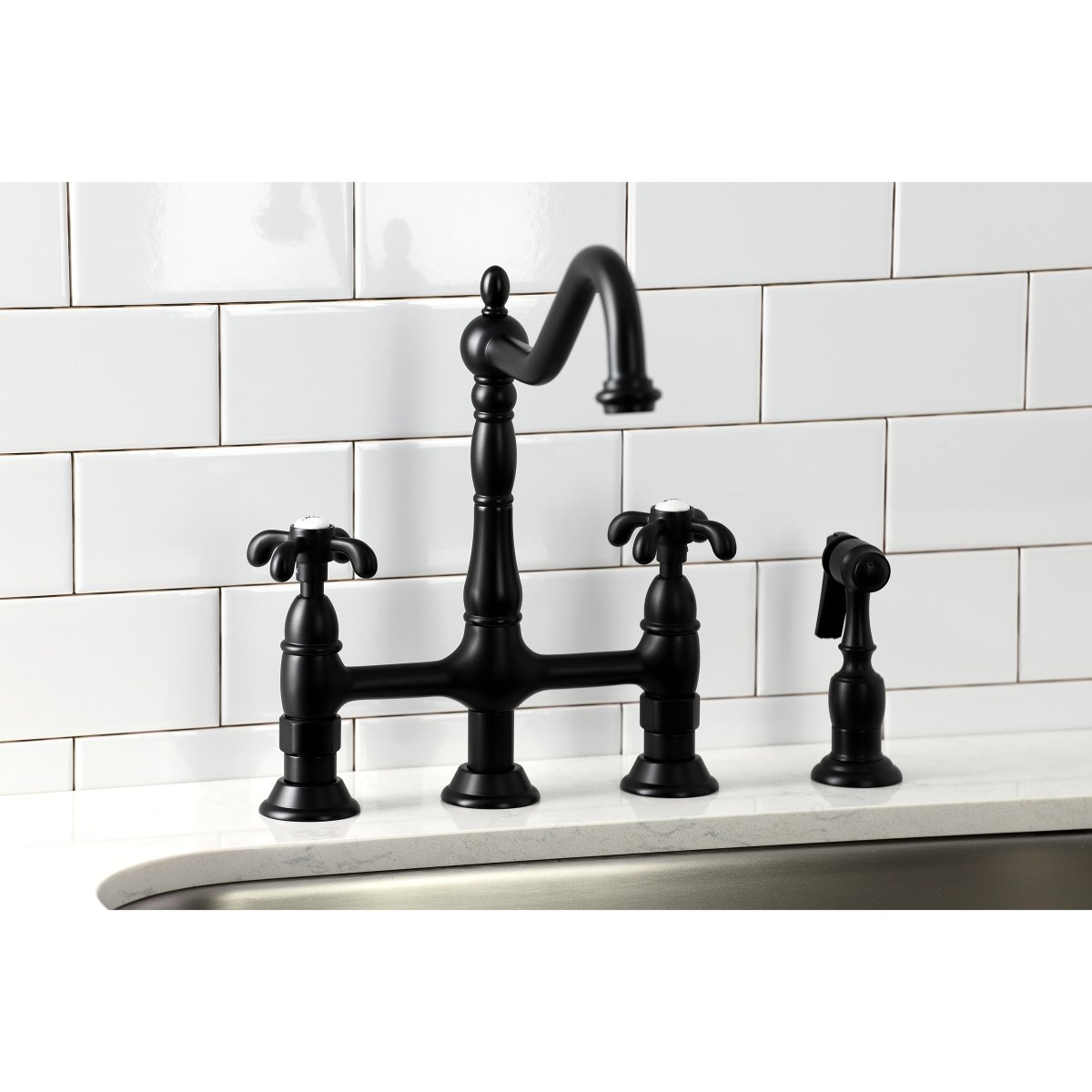 French Country Bridge Kitchen Faucet with Brass Sprayer - BUILDMYPLACE