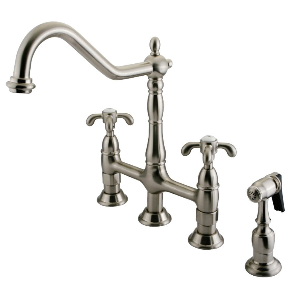 French Country Bridge Kitchen Faucet with Brass Sprayer - BUILDMYPLACE