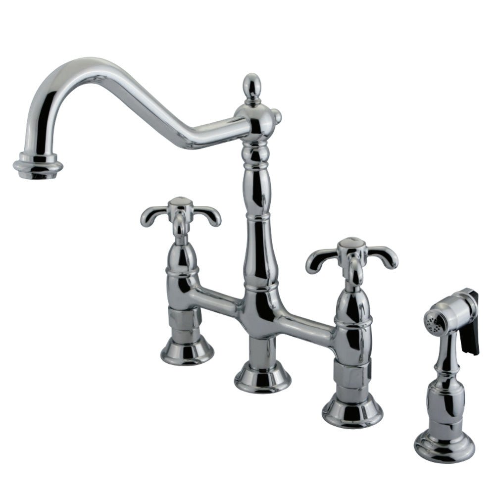 French Country Bridge Kitchen Faucet with Brass Sprayer - BUILDMYPLACE