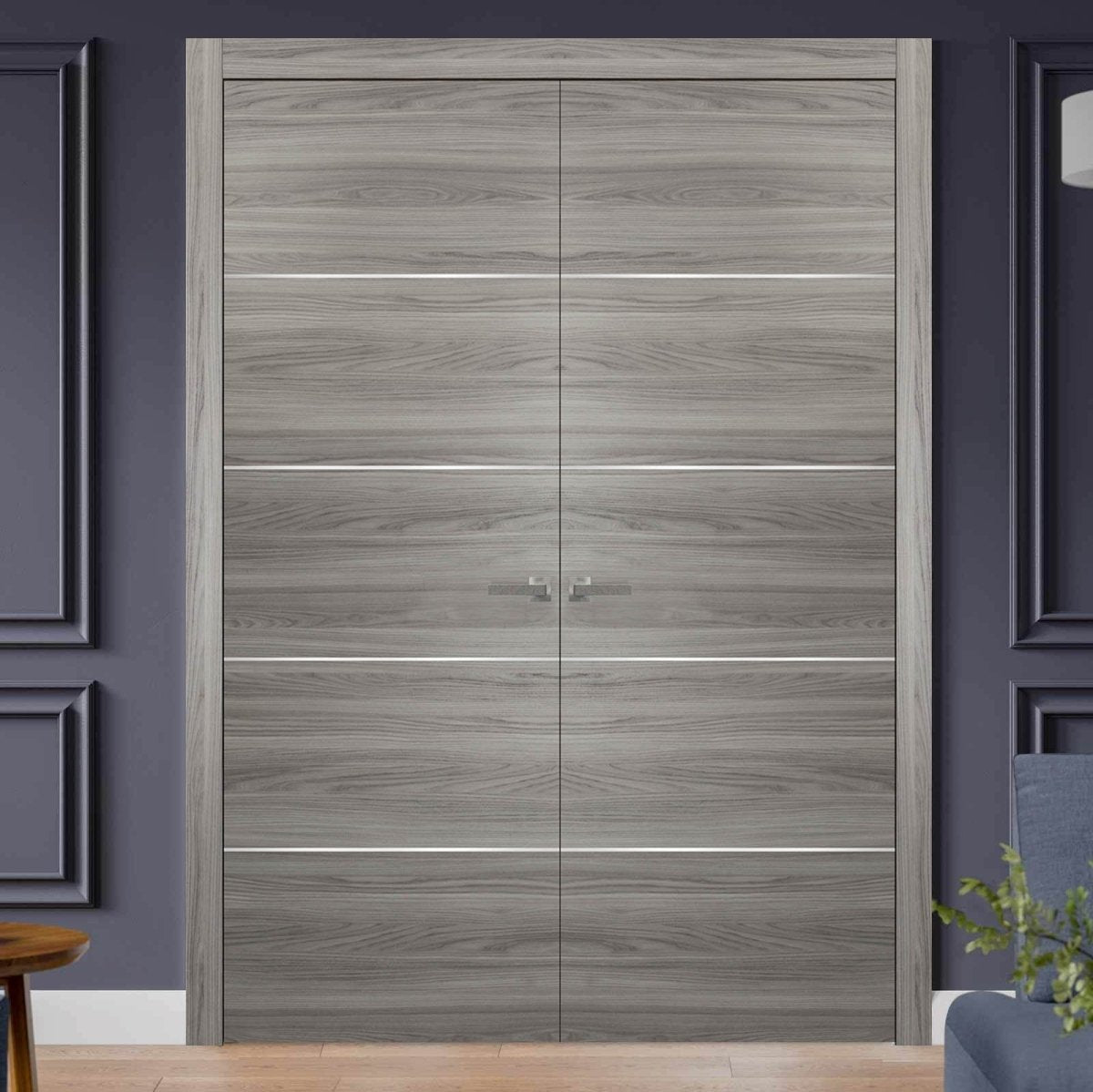 French Double Interior Doors with Hardware | Planum 0020 Ginger Ash | Panel Frame Trims | Bathroom Bedroom Interior Sturdy Door - BUILDMYPLACE