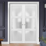 French Double Panel Lite Doors with Hardware | Lucia 2552 White Silk with Frosted Glass | Panel Frame Trims | Bathroom Bedroom Interior Sturdy Door - BUILDMYPLACE