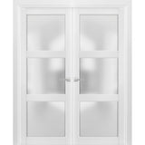 French Double Panel Lite Doors with Hardware | Lucia 2552 White Silk with Frosted Glass | Panel Frame Trims | Bathroom Bedroom Interior Sturdy Door - BUILDMYPLACE