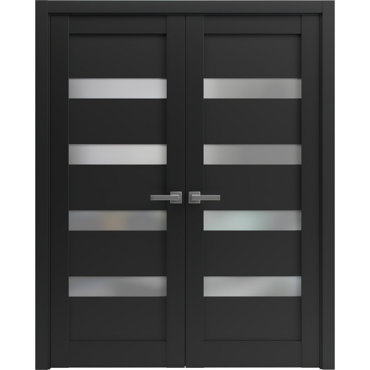 French Double Panel Lite Doors with Hardware | Quadro 4113 Matte Black with Frosted Glass | Panel Frame Trims | Bathroom Bedroom Interior Sturdy Door - BUILDMYPLACE