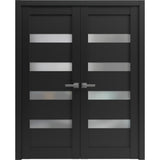 French Double Panel Lite Doors with Hardware | Quadro 4113 Matte Black with Frosted Glass | Panel Frame Trims | Bathroom Bedroom Interior Sturdy Door - BUILDMYPLACE