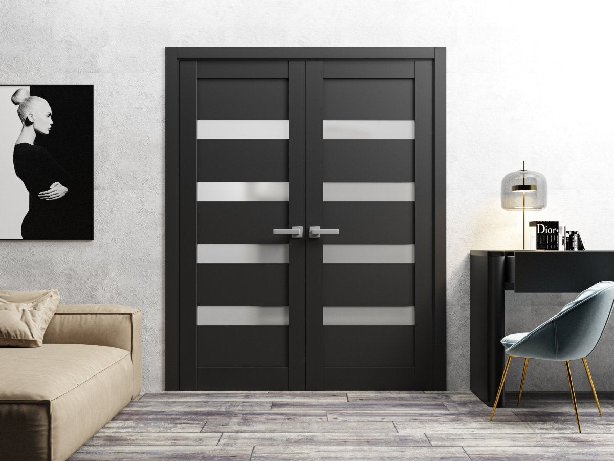 French Double Panel Lite Doors with Hardware | Quadro 4113 Matte Black with Frosted Glass | Panel Frame Trims | Bathroom Bedroom Interior Sturdy Door - BUILDMYPLACE