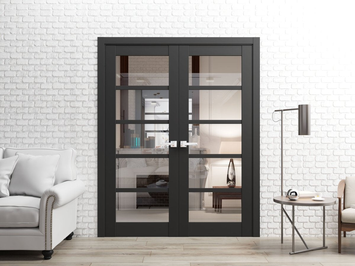 French Double Panel Lite Doors with Hardware | Quadro 4522 Matte Black with Clear Glass | Panel Frame Trims | Bathroom Bedroom Interior Sturdy Door - BUILDMYPLACE