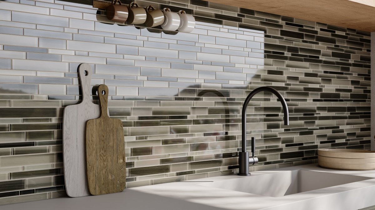 Fusion Clay Random Strip Glossy Glass Mosaic - BUILDMYPLACE