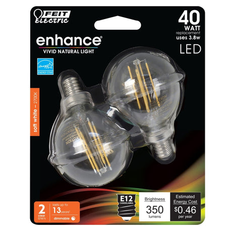 G25 Globe LED Light Bulbs, E26, Candelabra, Filament, Dimmable, Clear, Decorative Bulb, White, G161/2, 2 Pack - BUILDMYPLACE