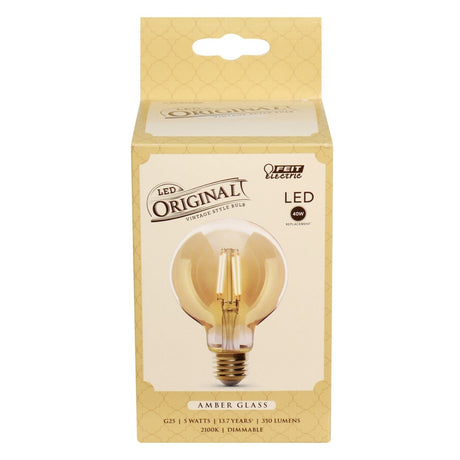 G25 Globe LED Original Vintage Light Bulb, 5 watts, Amber glass, Dimmable, 350 Lumen, 2100K, Decorative Bulb - BUILDMYPLACE