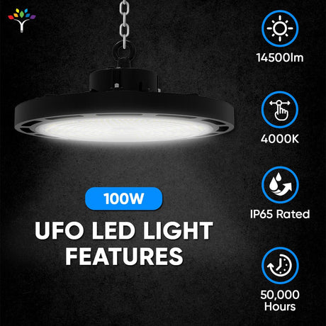 Gen13 100W UFO LED High Bay Light, 4000K, 14500LM, Waterproof, AC120 - 277V, 90° PC lens, Commercial Bay Lighting for Garage Factory Warehouse - BUILDMYPLACE