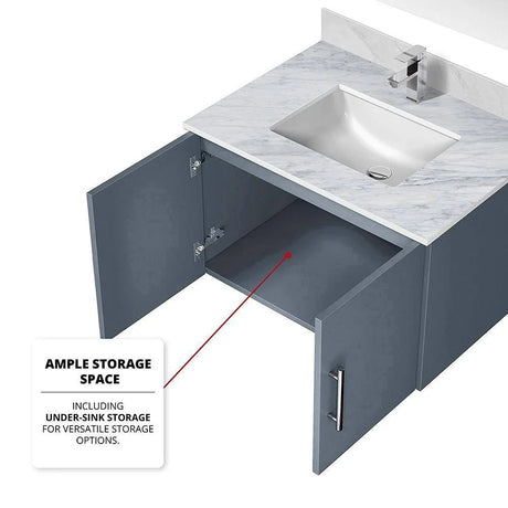 Geneva 30 In. Floating / Wall Mounted Dark Grey Bathroom Vanity With Undermount Ceramic Sink, White Carrara Marble Top & 30 In. LED Mirror - BUILDMYPLACE