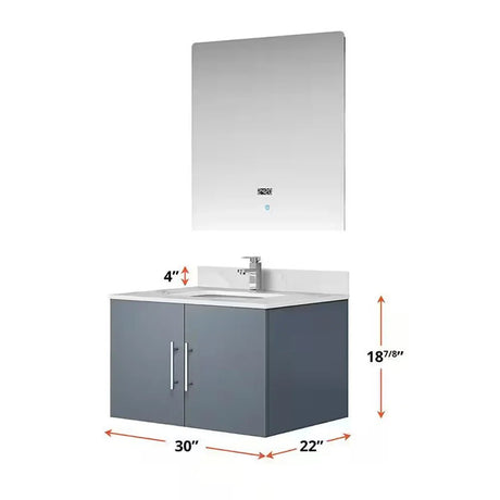 Geneva 30 In. Floating / Wall Mounted Dark Grey Bathroom Vanity With Undermount Ceramic Sink, White Carrara Marble Top & 30 In. LED Mirror - BUILDMYPLACE