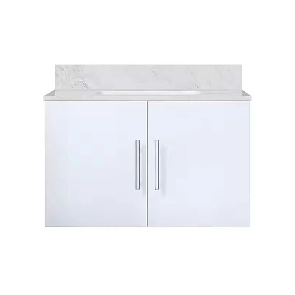 Geneva 30 In. Floating / Wall Mounted Glossy White Bathroom Vanity With Single Undermount Ceramic Sink, White Carrara Marble Top - BUILDMYPLACE