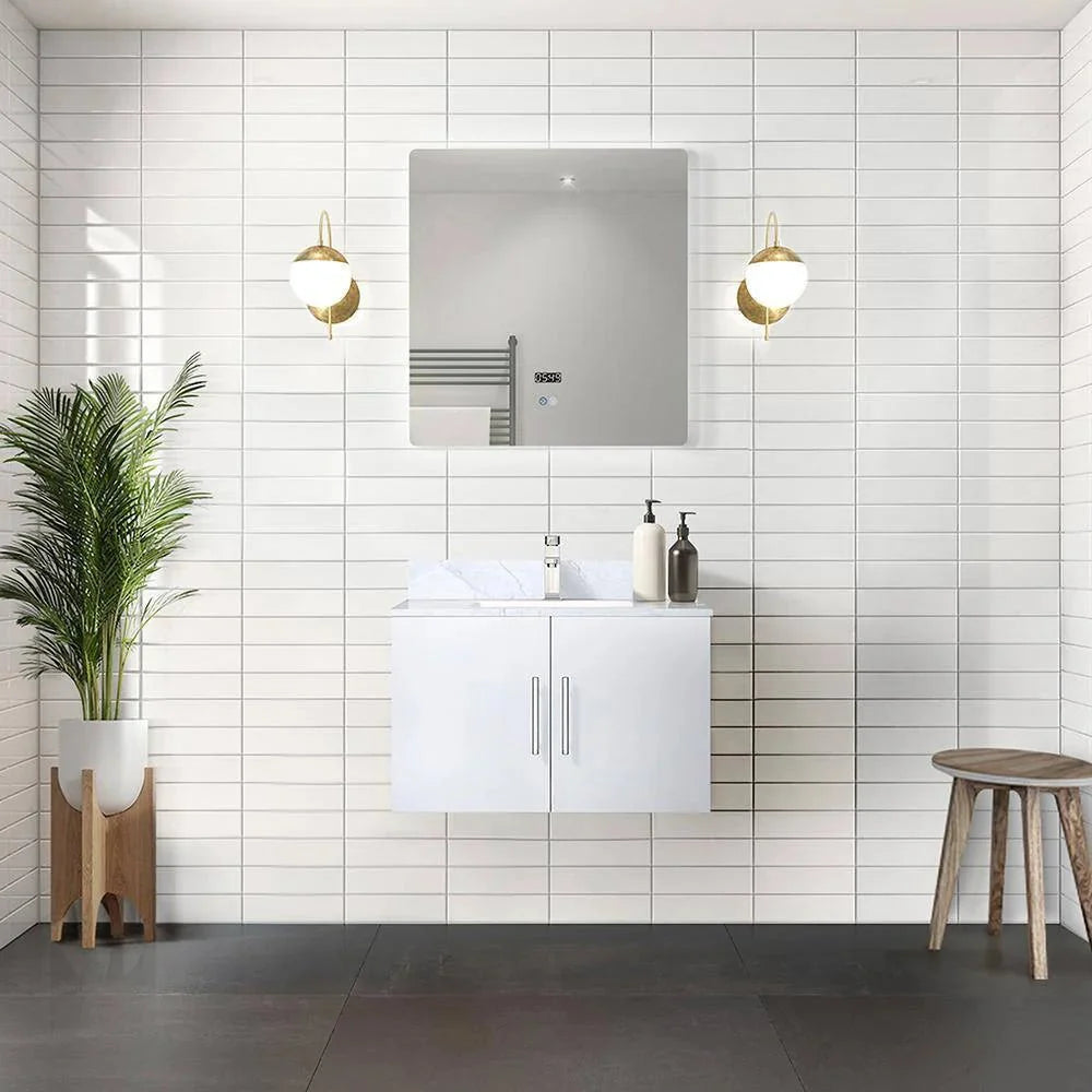 Geneva Glossy White Bathroom Floating Bathroom Vanity With Undermount Ceramic Sink With White Carrara Marble Top