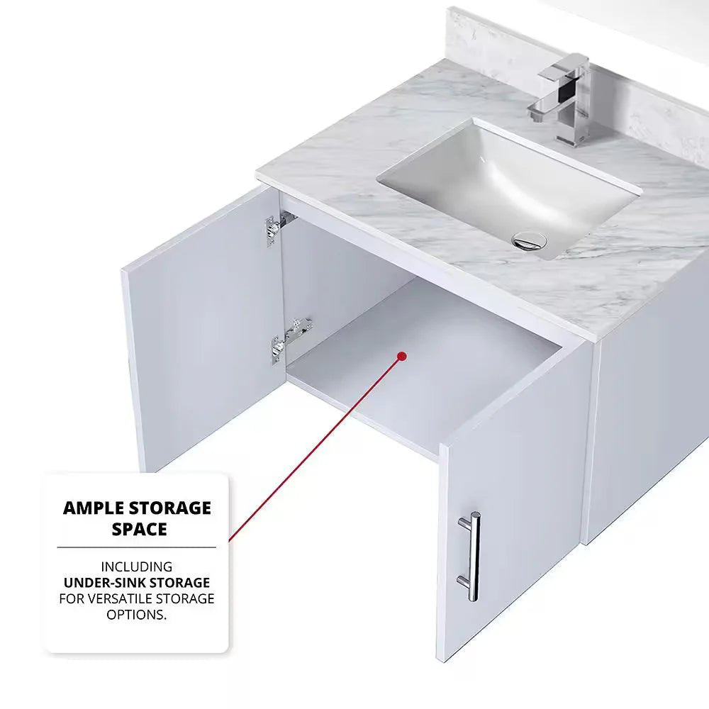 Geneva 30 In. Floating / Wall Mounted Glossy White Bathroom Vanity With Single Undermount Ceramic Sink, White Carrara Marble Top - BUILDMYPLACE