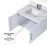 Geneva 30 In. Floating / Wall Mounted Glossy White Bathroom Vanity With Single Undermount Ceramic Sink, White Carrara Marble Top - BUILDMYPLACE