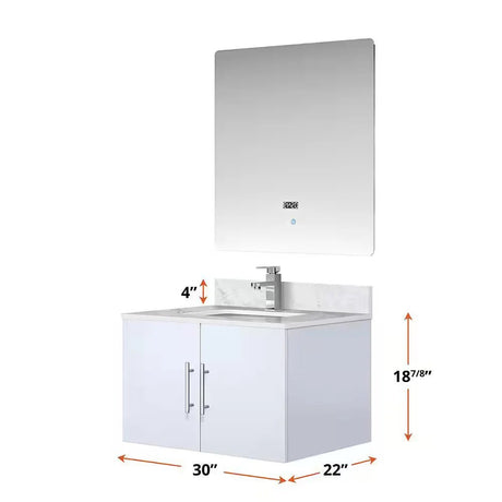 Geneva 30 In. Floating / Wall Mounted Glossy White Bathroom Vanity With Single Undermount Ceramic Sink, White Carrara Marble Top - BUILDMYPLACE