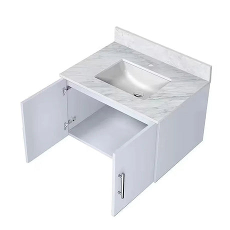 Geneva 30 In. Floating / Wall Mounted Glossy White Bathroom Vanity With Single Undermount Ceramic Sink, White Carrara Marble Top - BUILDMYPLACE